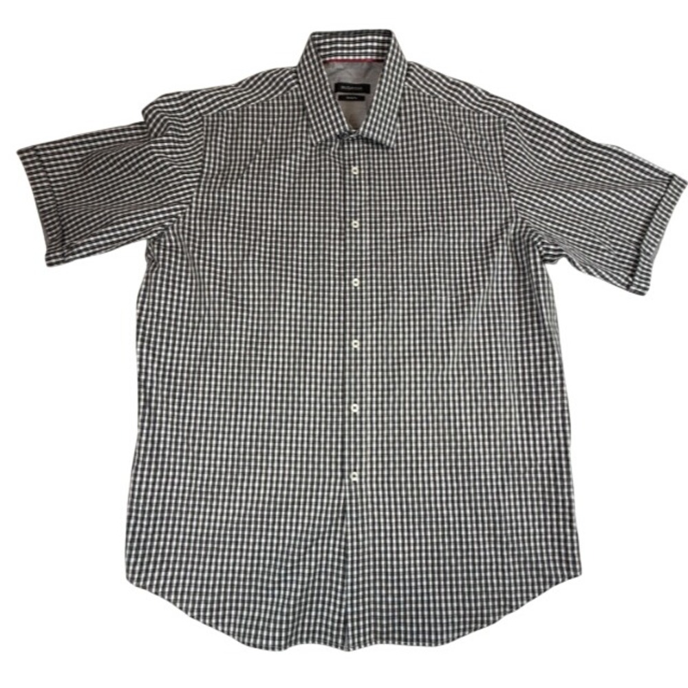Bugatchi XL Black White Gingham Short Sleeve Cotton Button Down Shirt